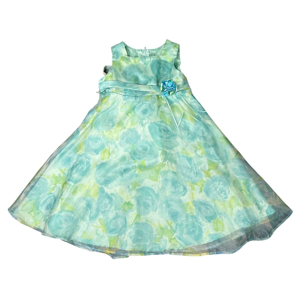 Vintage Floral Flower Girl's Dress Bonnie Jean Blue/Green Size 6 Spring